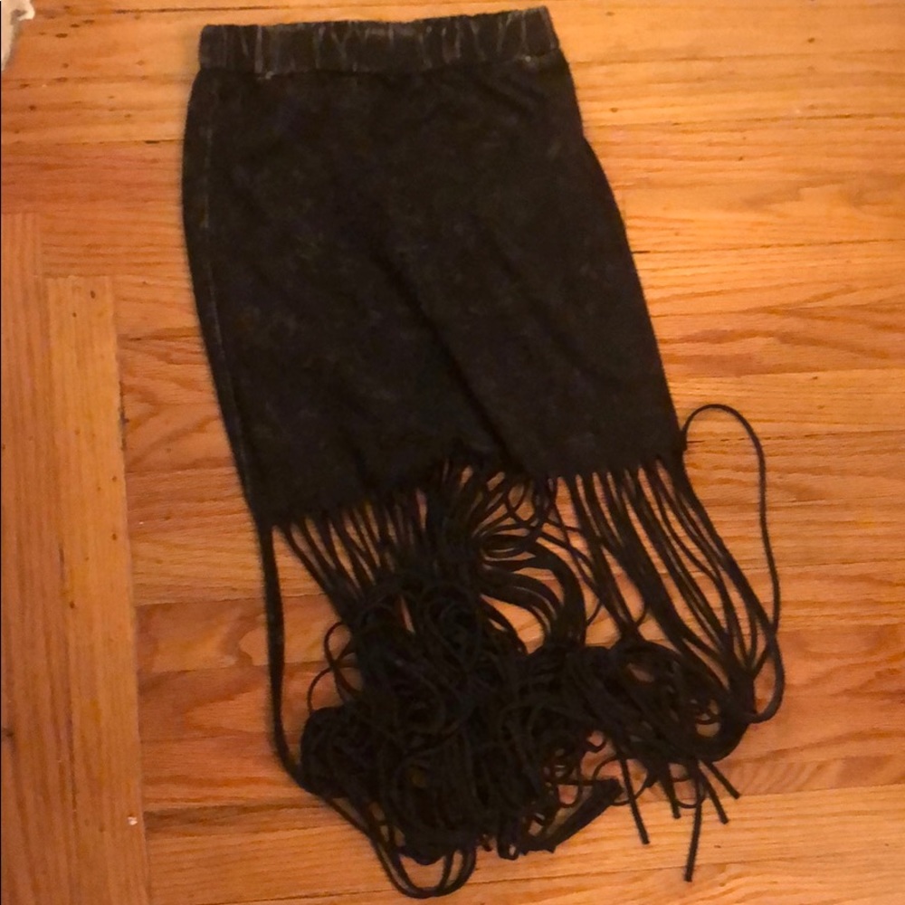 Pre-owned charcoal gray and black fringe skirt